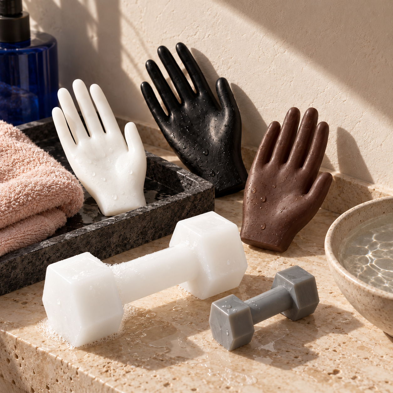 Three hand soaps and two dumbbell soaps on a sunlit bathroom counter